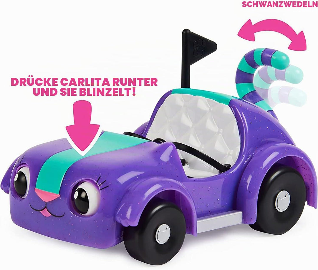 Gabby’s Dollhouse, Carlita-Spielzeugauto mit Pandy Paws-Sammelfigur, 2 Zubehörteilen und 1 Überrasch