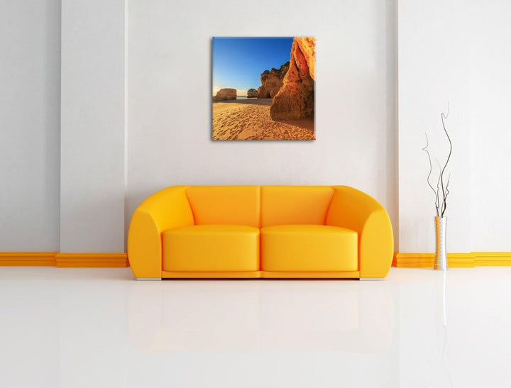 Sonnenuntergang an Felsen, Format: 70x70 auf Leinwand, XXL riesige Bilder fertig gerahmt mit Keilrah