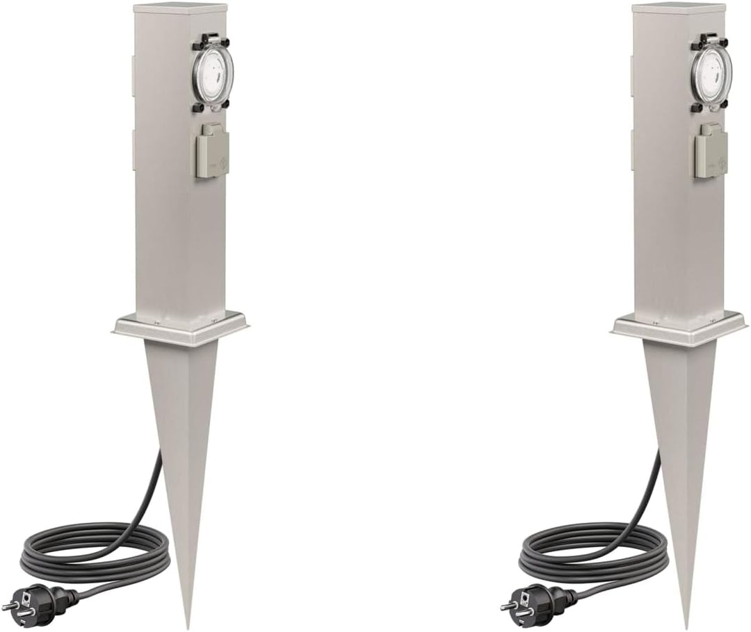 ledscom.de 2X Garten-Steckdosen-Säule Polly mit Erdspiess und 2m Kabel für aussen, 3-Fach mit Timer/