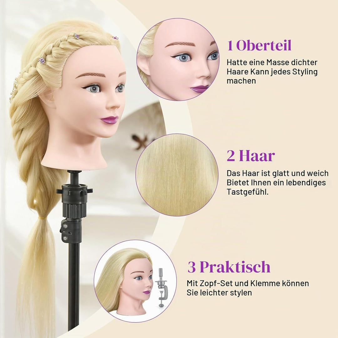 Frisierkopf 50% Echthaar Übungskopf Frisierkopf Puppenkopf zum Frisieren Trainingsköpfe für Friseure