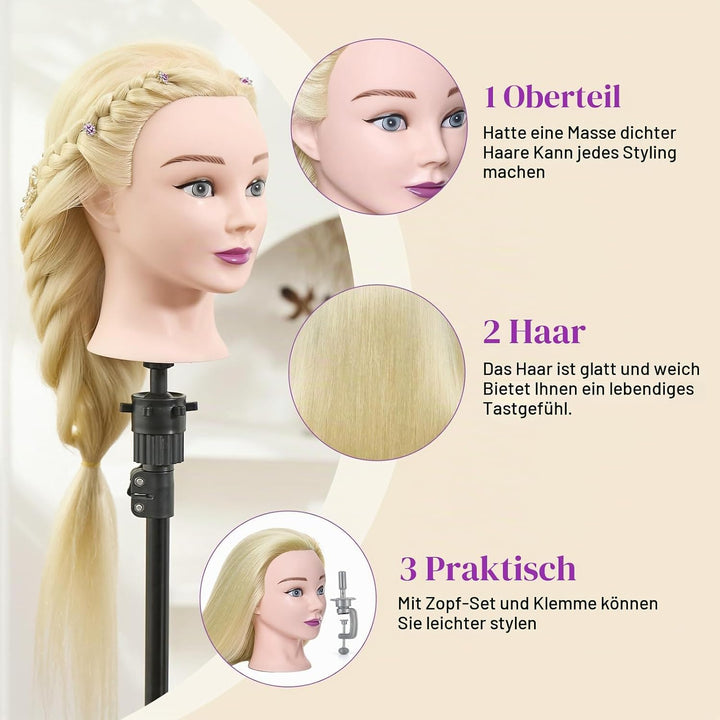 Frisierkopf 50% Echthaar Übungskopf Frisierkopf Puppenkopf zum Frisieren Trainingsköpfe für Friseure
