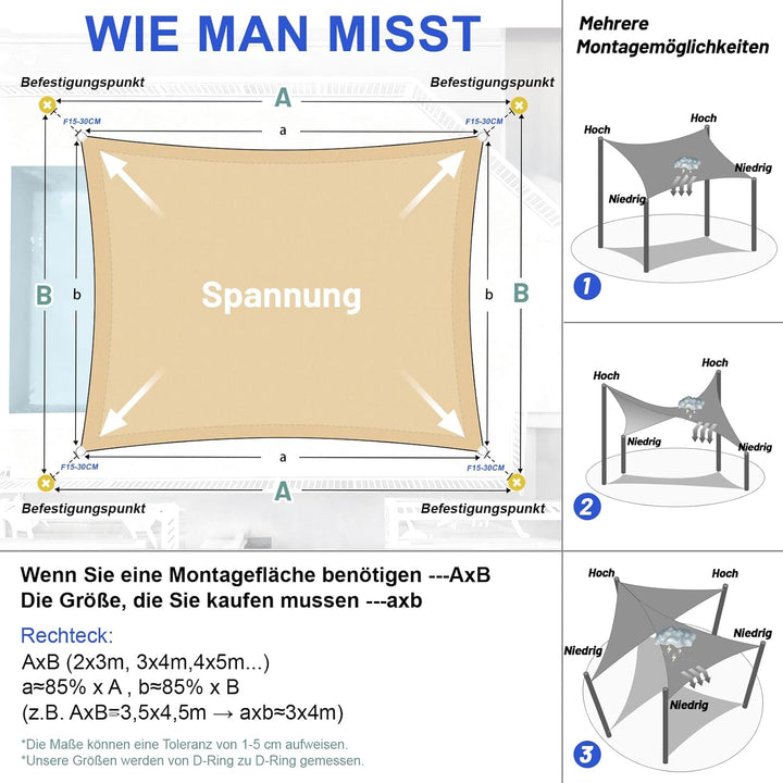 LOVE STORY Sonnensegel Wasserdicht 2x4m Rechteckig Segeltuch Sonnenschutz Windschutz PES mit 95% UV-