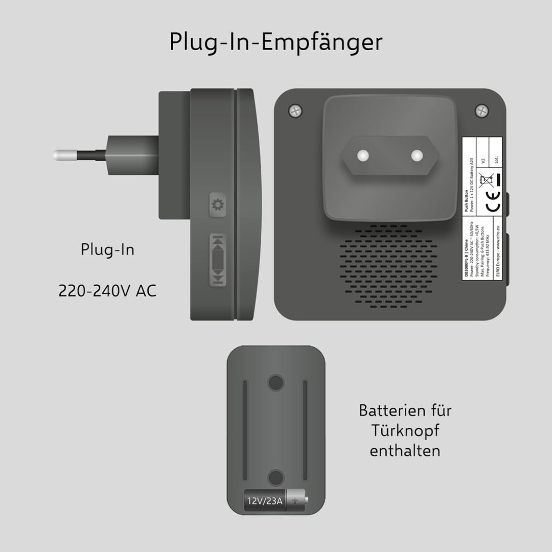 ELRO DB3000 Funk Türklingel Set 2X Plug-in Empfänger für Steckdose - Wasserdicht, 300m Reichweite, 6
