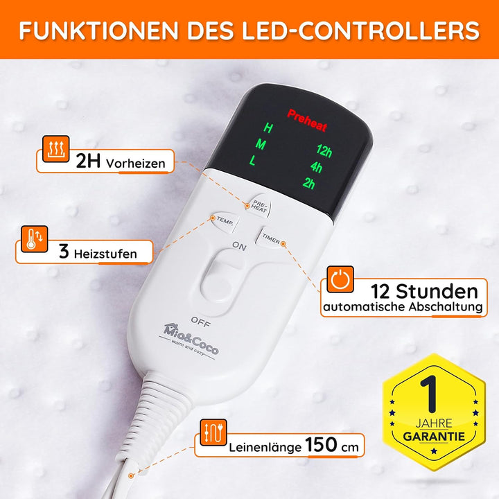 Mia&Coco Heizdecke mit Abschaltautomatik, Wärmeunterbett mit 12-Stunden-Timer und 3 Wärmestufen, LED