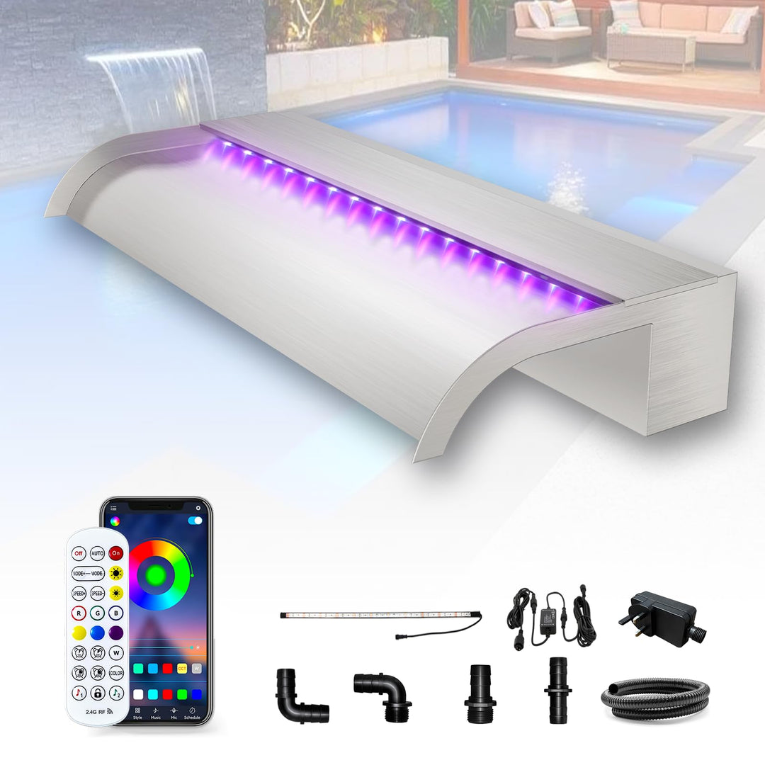 Longrun 60cm Teich Wasserfall Klingen Set, 304 Edelstahl Gebogener Wasserfall mit 7 Farben Bluetooth