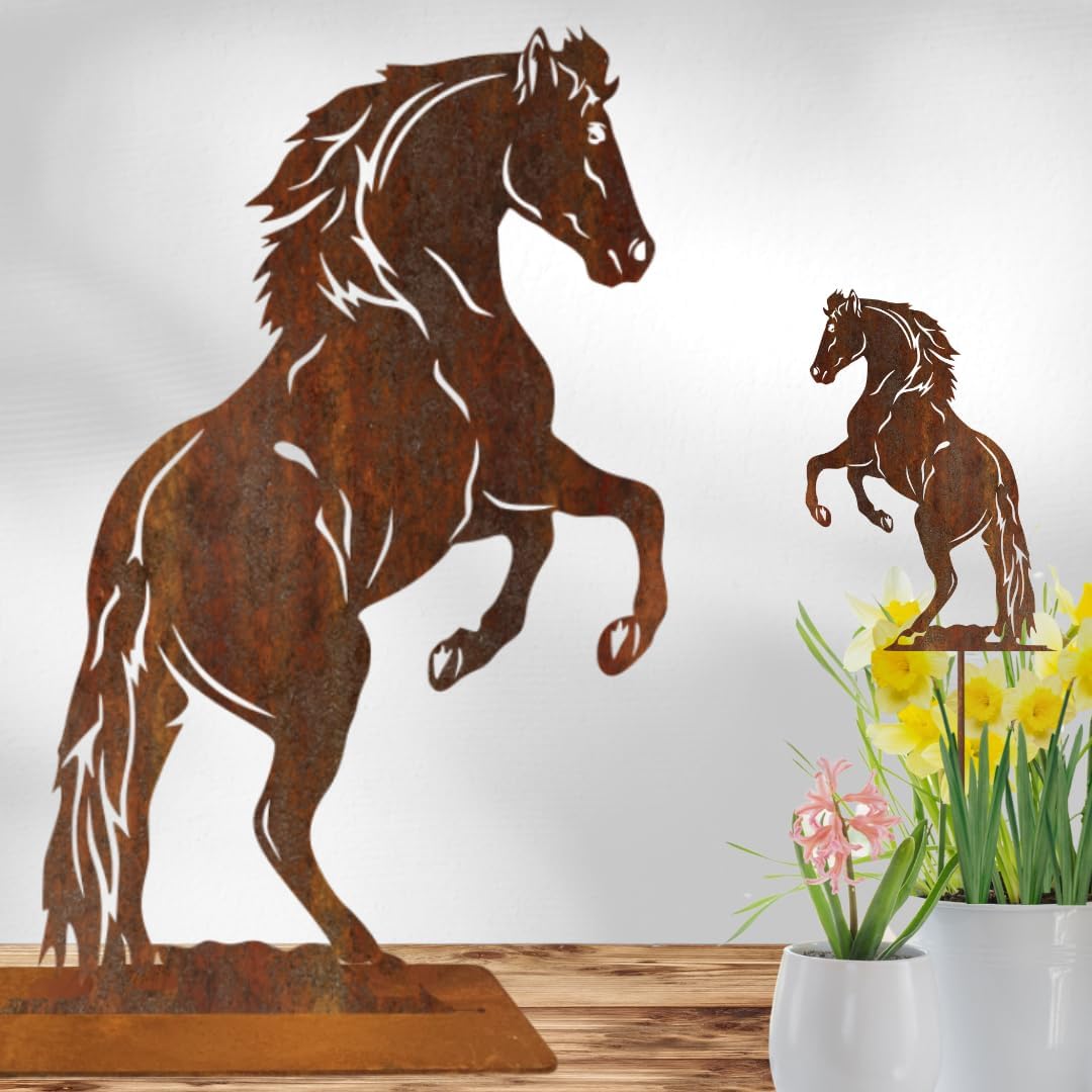 Gartenstecker Pferd steigend aus Metall – Rostfigur 30 cm hoch, Gesamthöhe 45 cm mit Spiess – Wetter