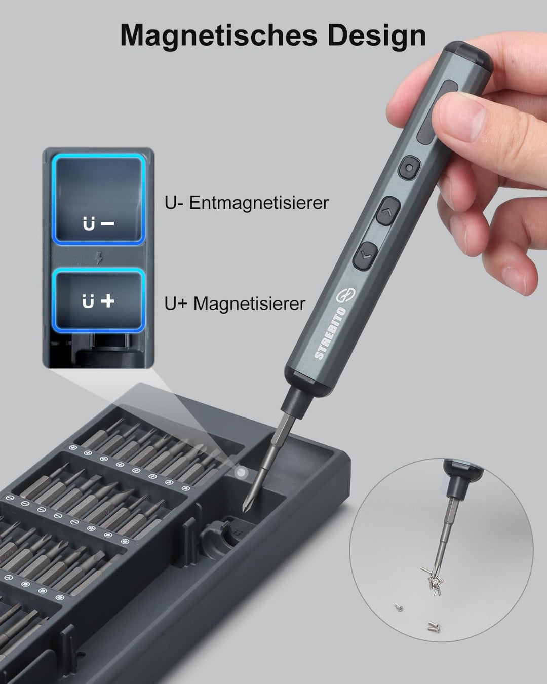 STREBITO Mini-Elektroschrauber-Set, 70-in-1 kleiner Elektroschrauber, kabellos – 64 S2-Präzisions-Bi