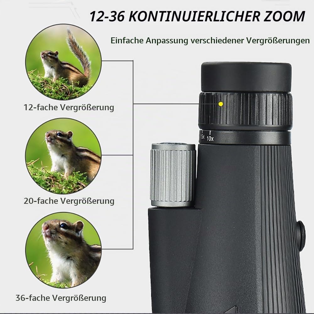 Monokular Teleskop 12-36X60 ED Zoom Monokulare Nachtsicht （24MM Okular + 60MM Objektivund）Wasserdich