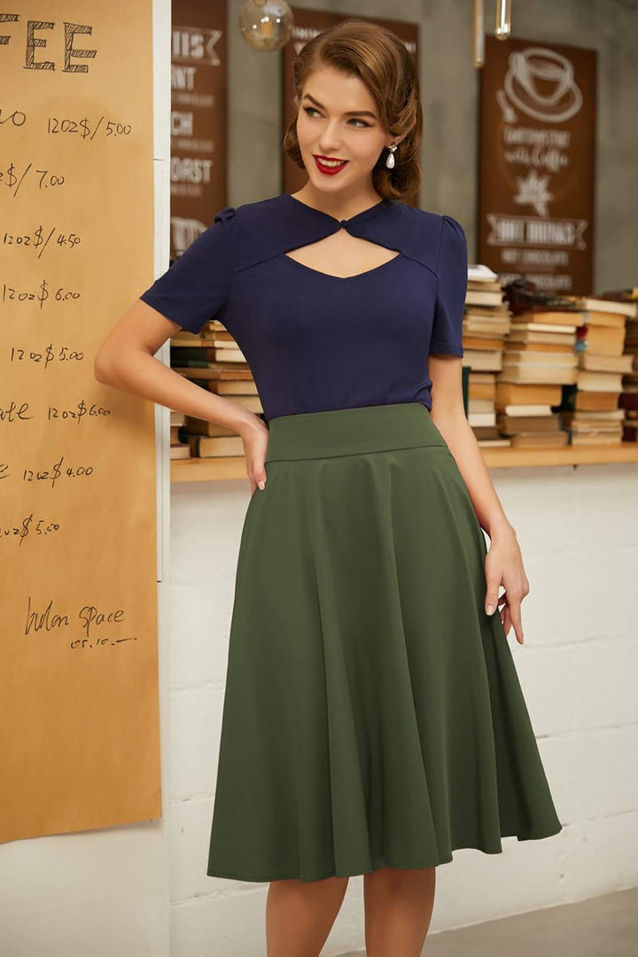 Belle Poque Damen Swing Rock 50s Retro Vintage Rockabilly Knielang Festliche Röck mit Gürtel Faltenr