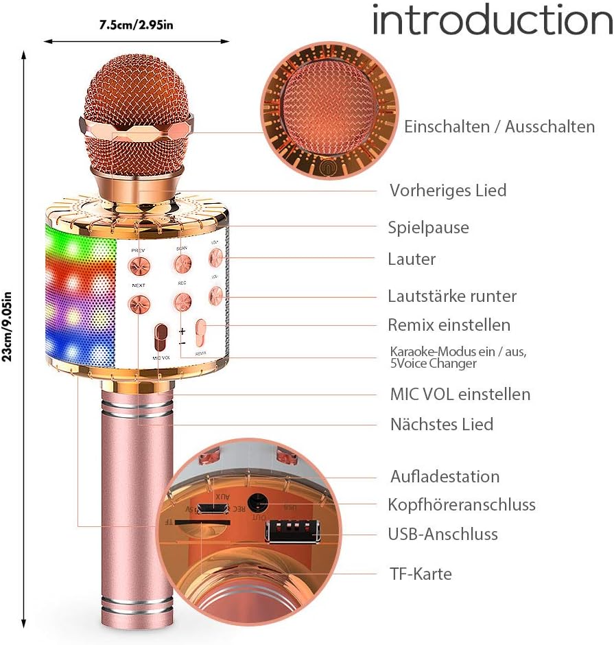 Karaoke Mikrofon Kinder mit LED Licht, Tragbare Drahtloses Bluetooth Mikrofon Lautsprecher, Heim KTV