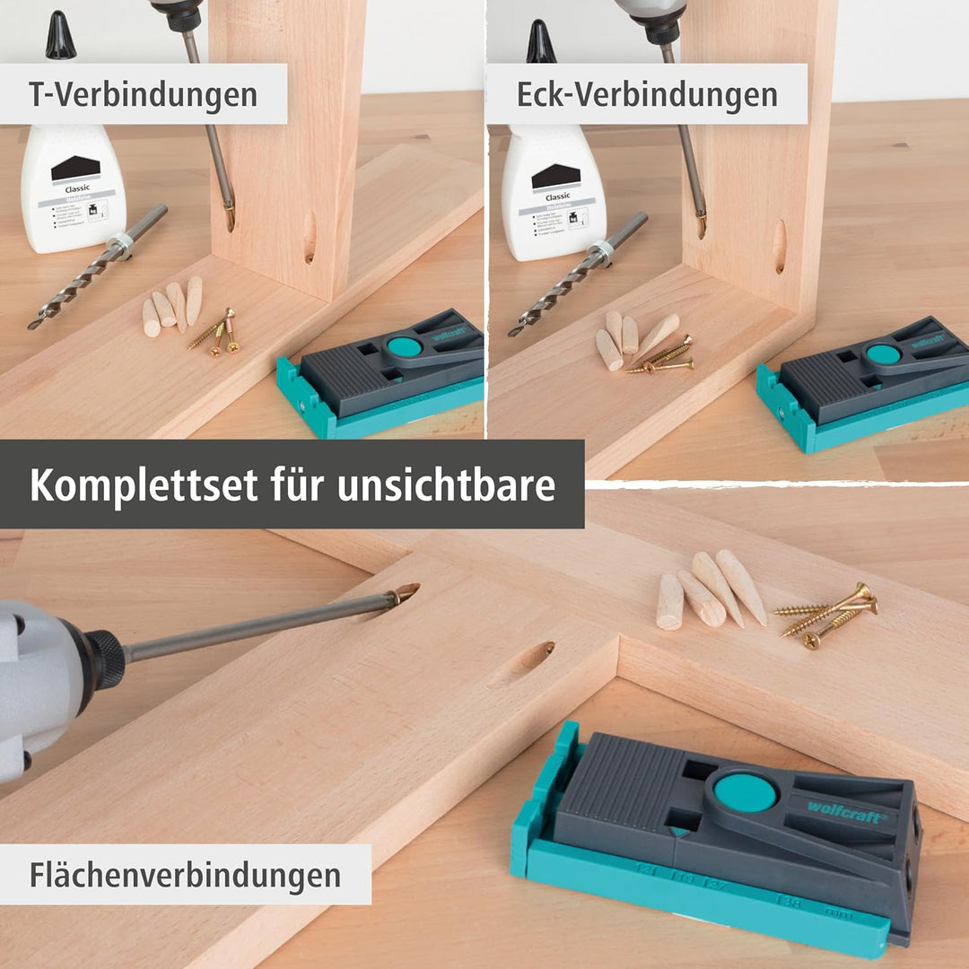 wolfcraft Undercover Jig-Set 4642000 | Zuverlässige Bohrhilfe mit Schrauben für Holzverbindungen und
