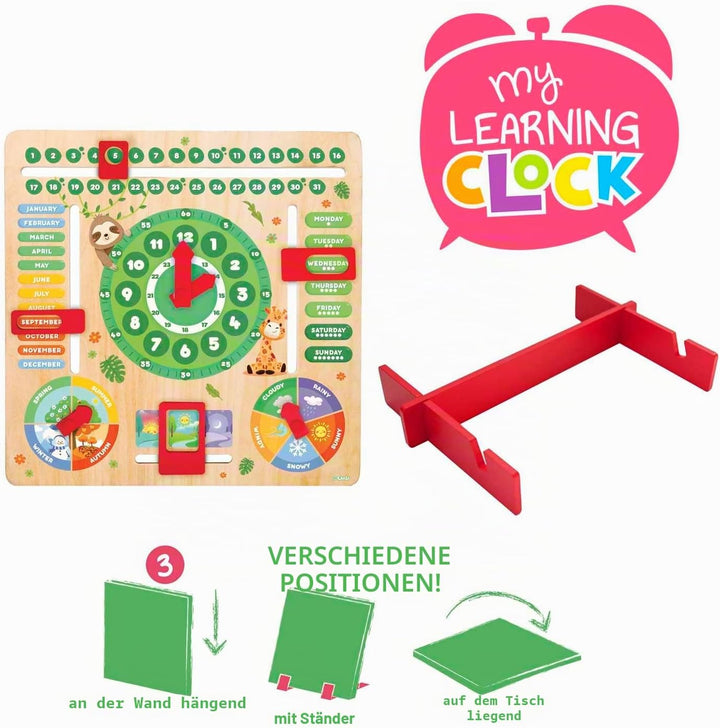 CRAZE My Learning Clock Animals ENGLISCHE SPRACHE - Lernuhr Kinder Holz, Kalenderuhr zum Lernen für
