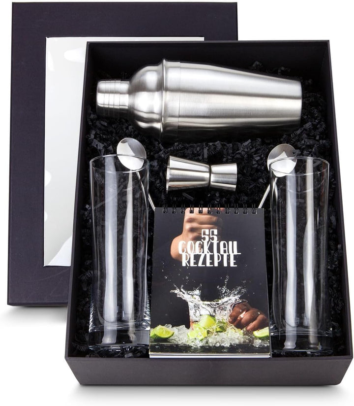 Römer Präsente Geschenkset Cocktailbox: 8-teilig, Cocktailshaker, Rezeptbuch mit 55 Rezepten, 2 Long
