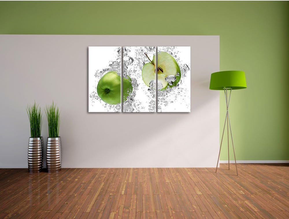 Pixxprint saftig grüne Äpfel im Wasser als Leinwandbild/Grösse: 3 Teilig (120x80 cm) cm/Wandbild/Kun