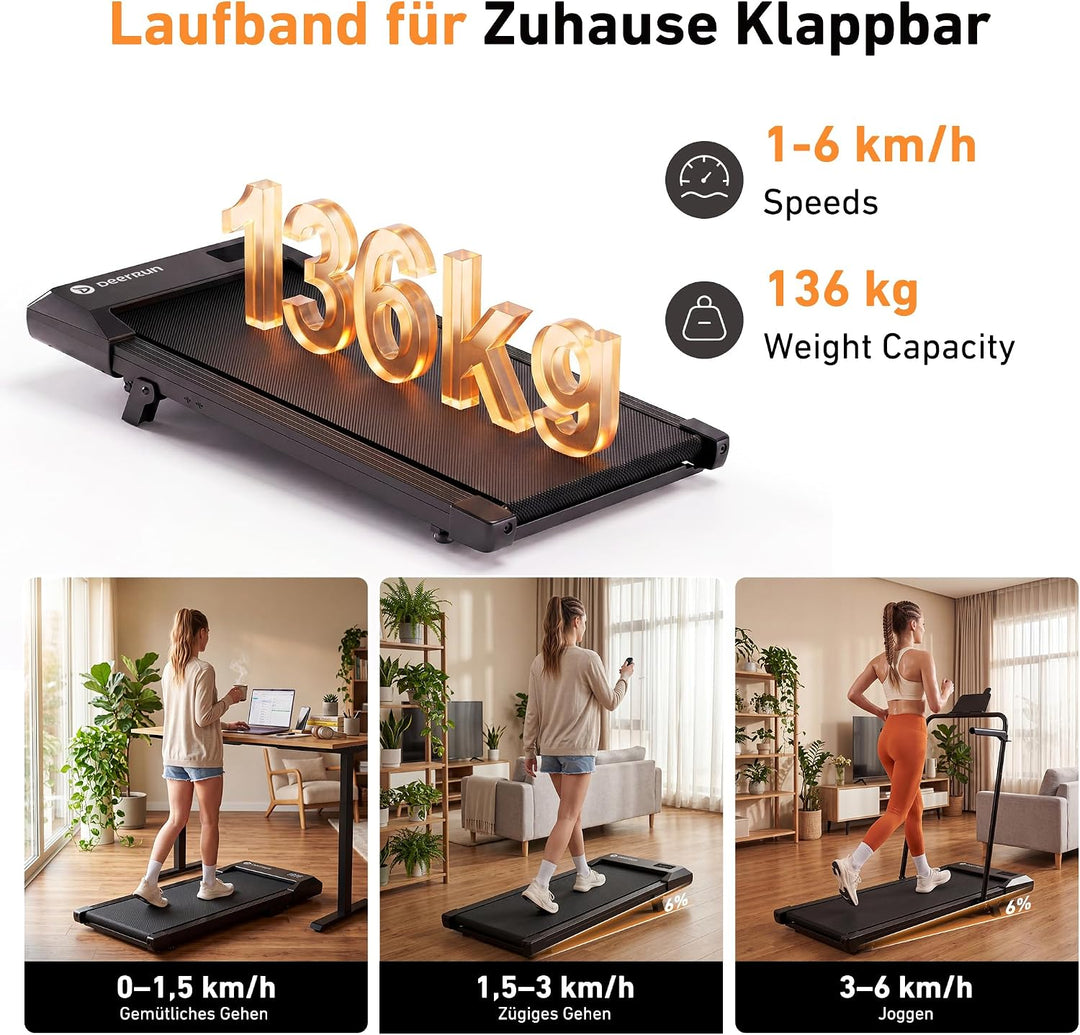 DeerRun Walking Pad mit Steigung,Laufband für Zuhause mit Griff, 2,5 PS, 6 KM/H, max. 136 KG, Walkin