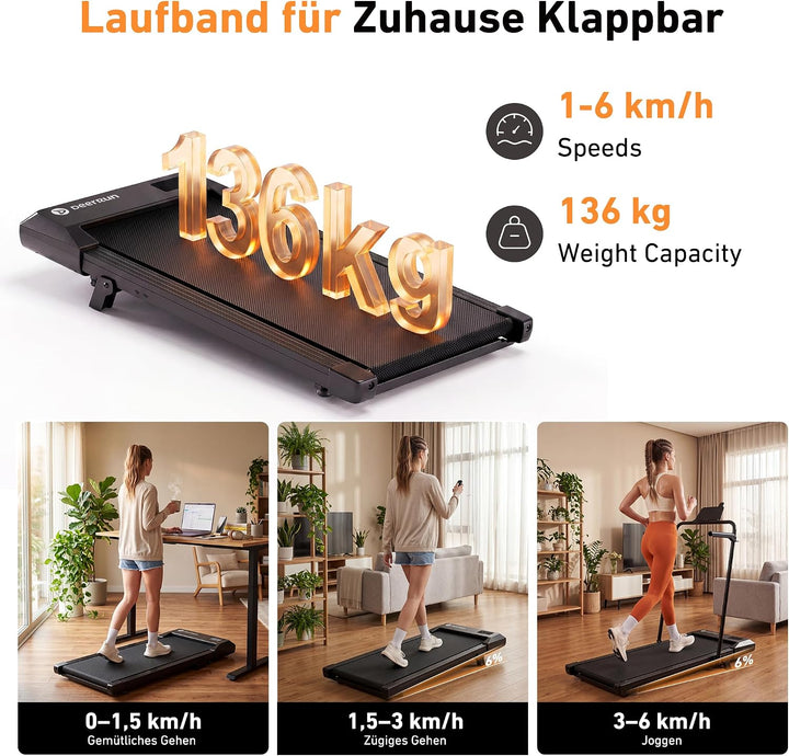 DeerRun Walking Pad mit Steigung,Laufband für Zuhause mit Griff, 2,5 PS, 6 KM/H, max. 136 KG, Walkin