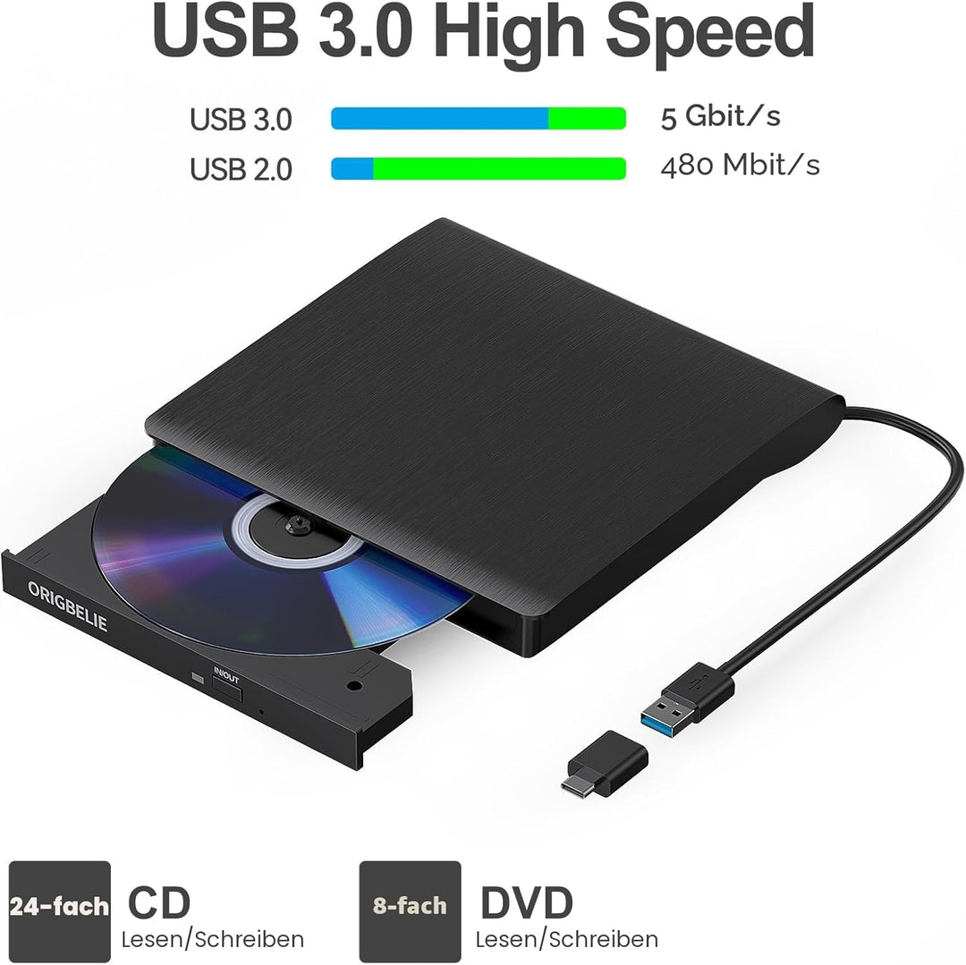 Externes DVD Laufwerk, USB 3.0 Externer DVD Brenner +/-RW CD ROM Externe Optische Laufwerke Tragbare