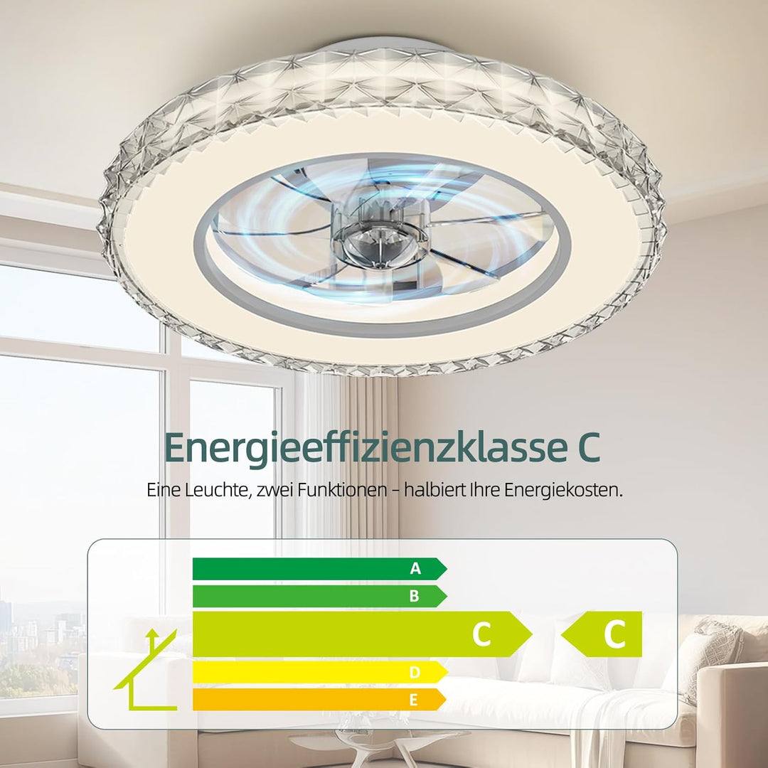 Ateroll Deckenventilator mit Beleuchtung Ø43.5CM, Kristall Deckenventilator Dimmbar (3000K-4000K-650