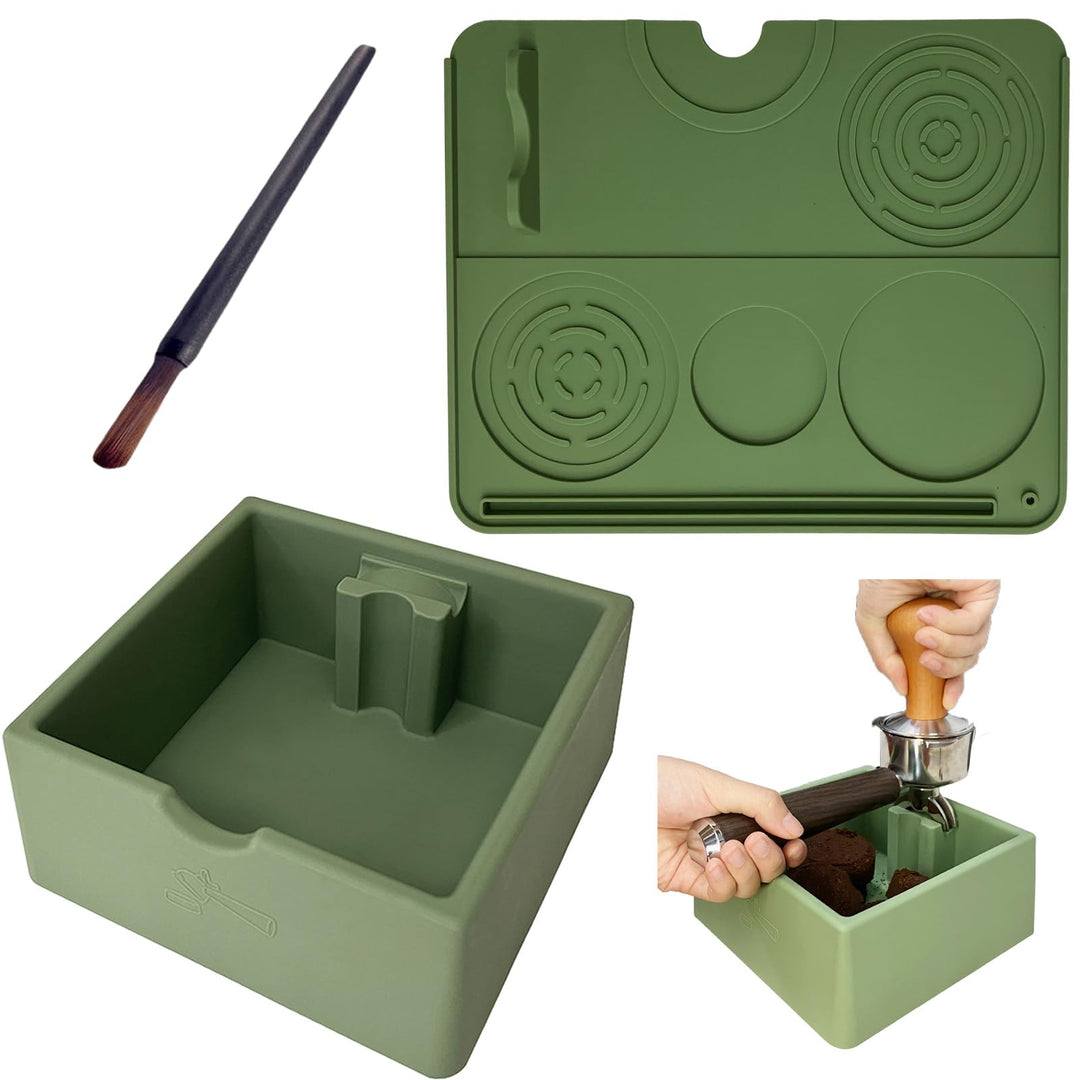 3 Stück Silikon Abklopfbehälter Set für Siebträger - Inkl. Grün Tampermatte (25x20cm), Knock Box (16