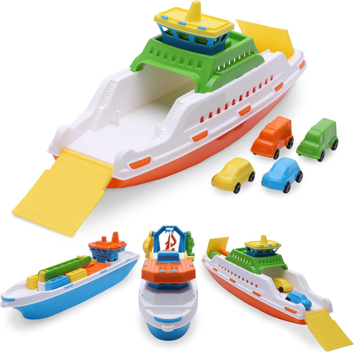 Toyland® 39cm (15 Zoll) Buntes Fährboot mit Beweglichen Rampen und 4 Mini-Autos – Schwimmendes Wasse