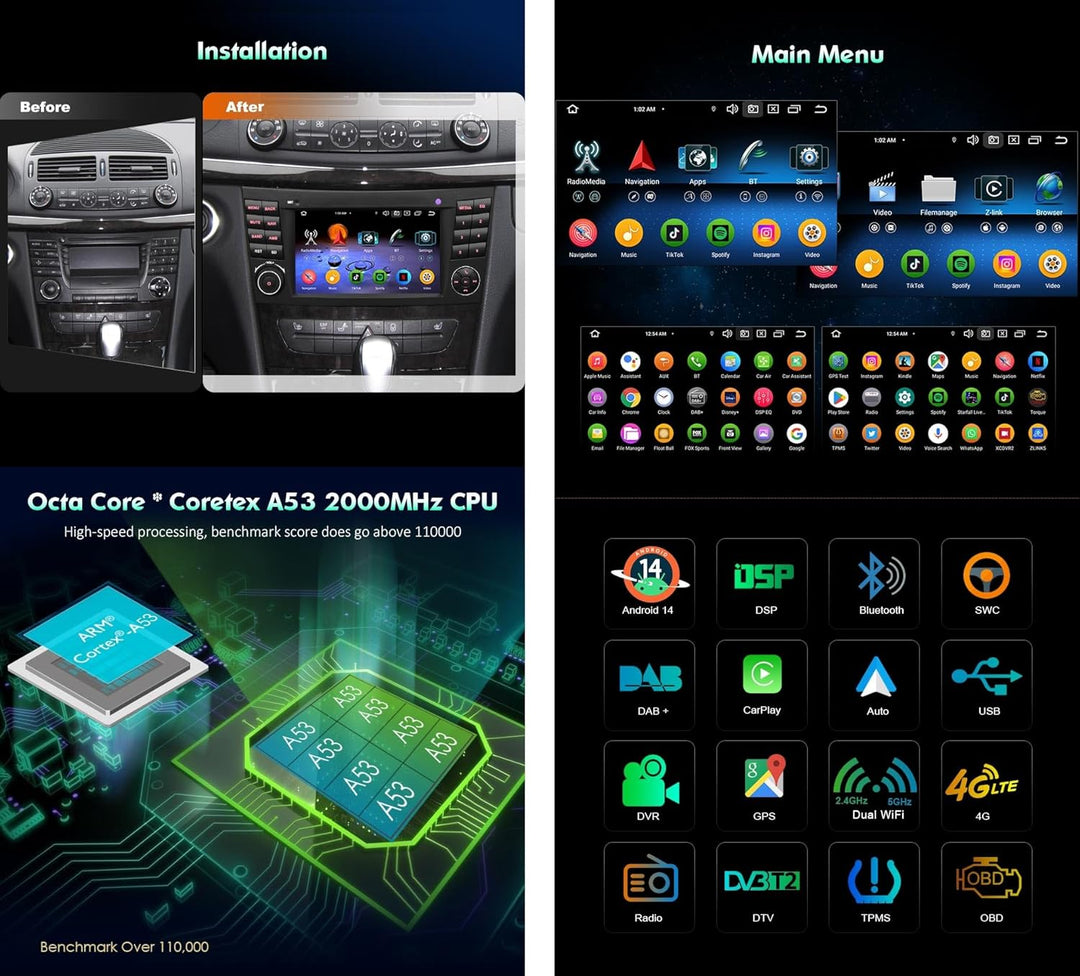 Erisin 8-Kern 4GB RAM 64GB ROM 7 Zoll 2 Din Android 14 Autoradio Bluetooth für Mercedes Benz E Klass