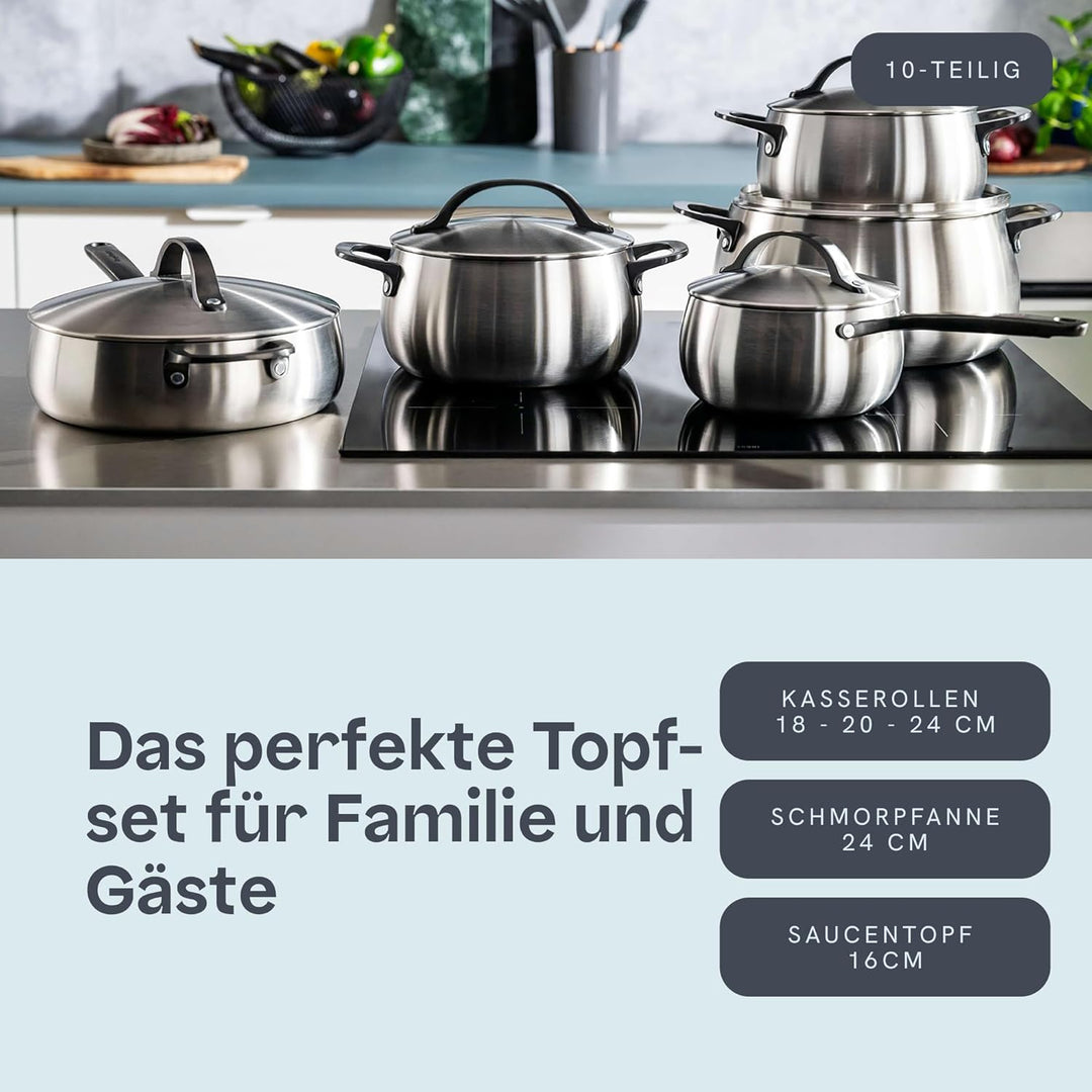 BergHOFF Home Topfset Edelstahl – 10-tlg. – Kochtopf Set mit Deckel - Töpfe Set Induktion, Ceran-, G