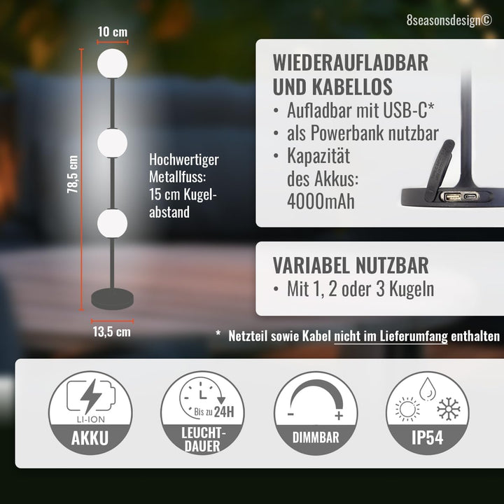 8 seasons design LED Akku Stehlampe, innen & aussen, 78,5cm - Glowing Elegance - dimmbar, Licht warm