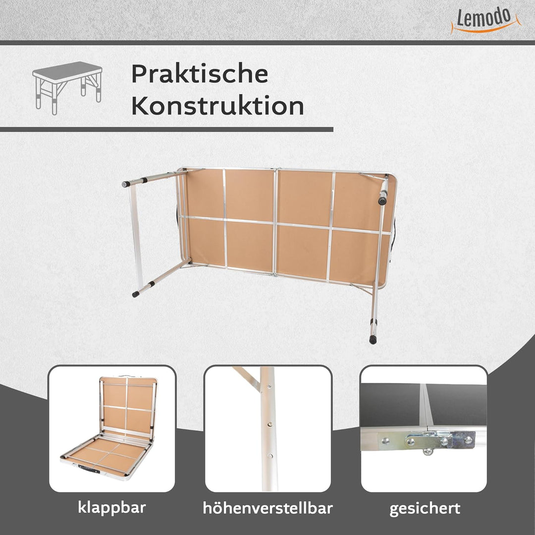 Lemodo Campingtisch schwarz klappbar | Klapptisch 3-Fach höhenverstellbar | Falttisch 120 x 60 cm |