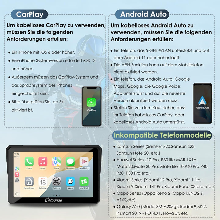 Carpuride W702T Pro Motorrad Carplay Bildschirm mit TPMS System, Kabellos CarPlay & Android Auto, Tr