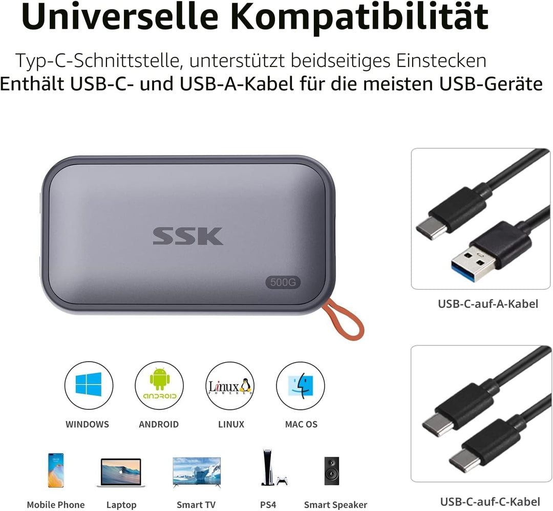 SSK 500GB tragbare Externe NVME-SSD, bis zu 1050 MB/s, Extreme Übertragungsgeschwindigkeit, USB 3.2