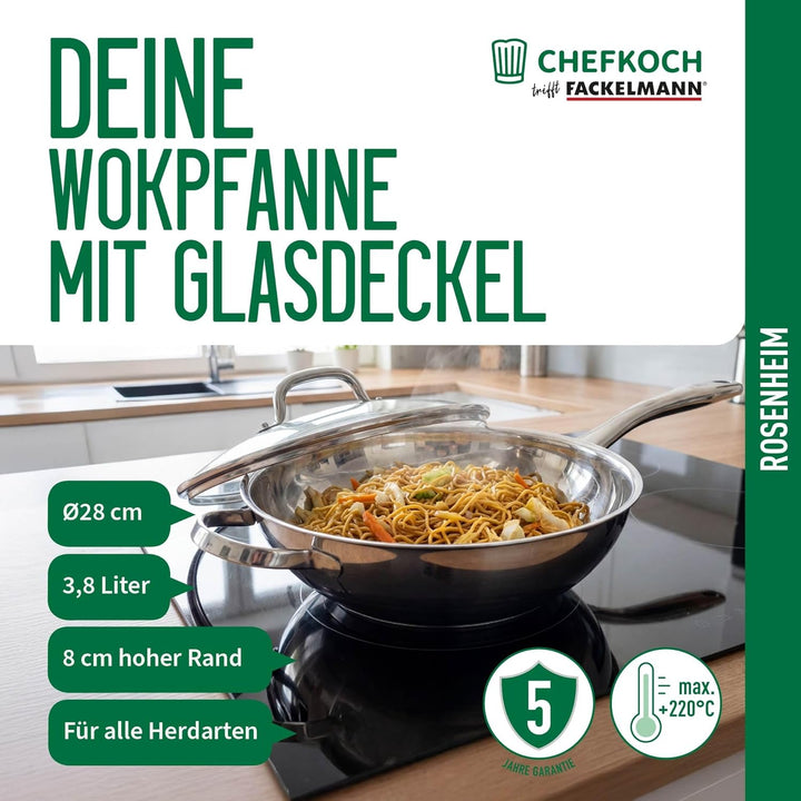 FACKELMANN Chefkoch trifft Wok Rosenheim – Ø28 cm, Glasdeckel inkl. Dampföffnung und Aluminiumkern,