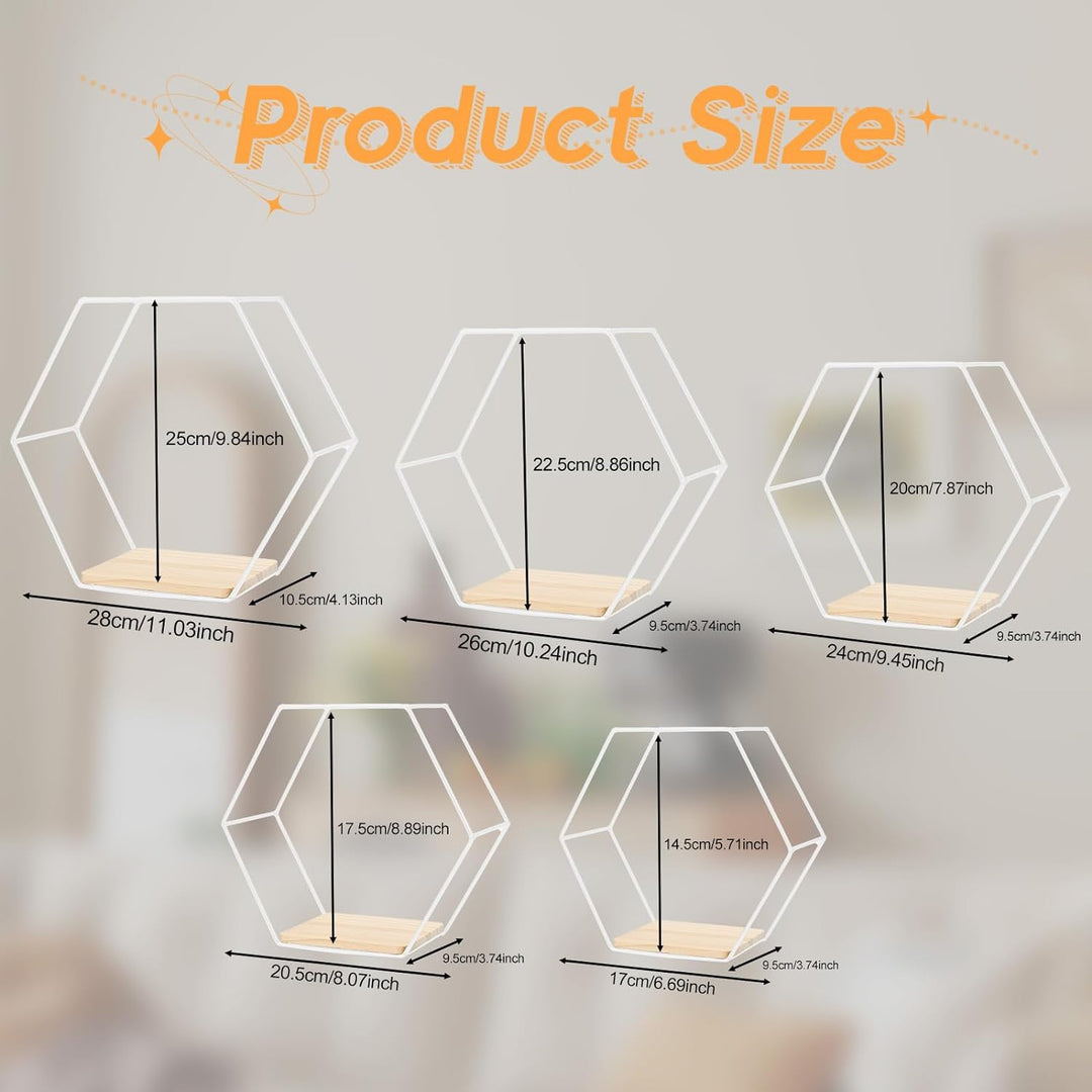 Hexagon Wandregal Ablage aus Holz Metall, 5 Grössen Hängeregal Schweberegal Gitterregal Wanddeko Dek