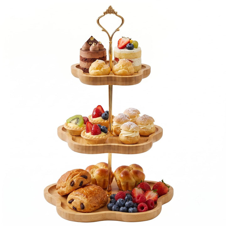Eleganter Holz-Cupcake-Ständer mit 3 Ebenen und Blumenform-Design, Bambus-Etagere für Cupcakes, Dess