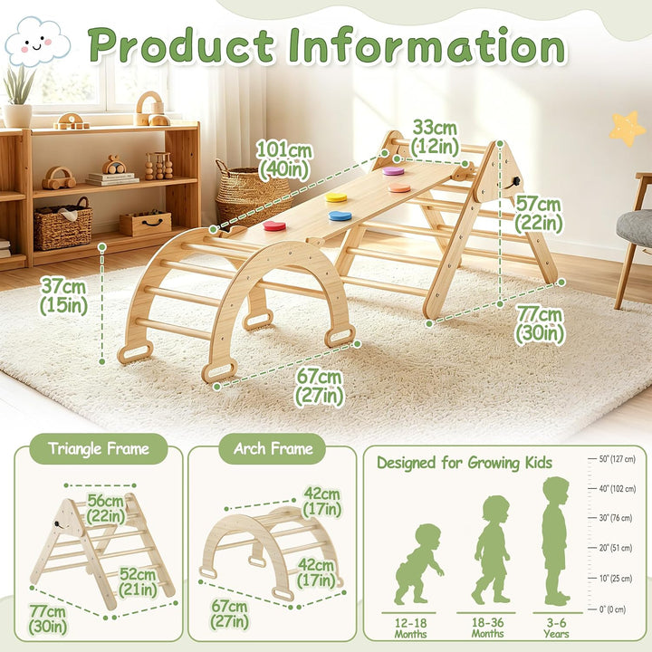 Froadp Klettergerüst Indoor 3-in-1 mit Rutsche und Kletterbogen Kletterdreieck aus Naturholz Klappba