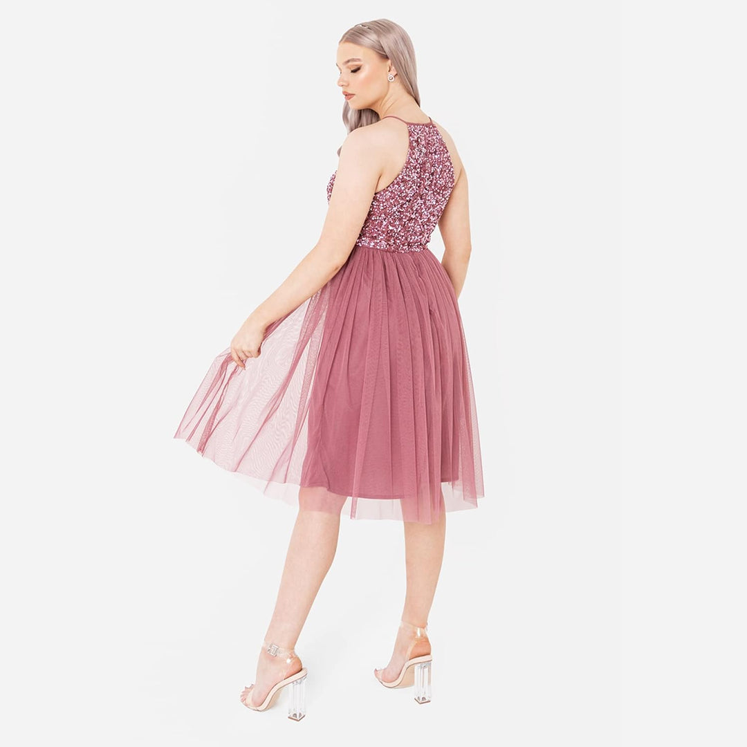 Maya Deluxe Damen Embellished Halter Neck Midi Bridesmaid Dress, Desert Rose