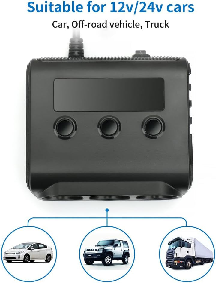 Auto Ladegerät Car Charger, 3 Fach KFZ Verteiler 12/24V Mehrfachstecker Zigarettenanzünder USB Autol