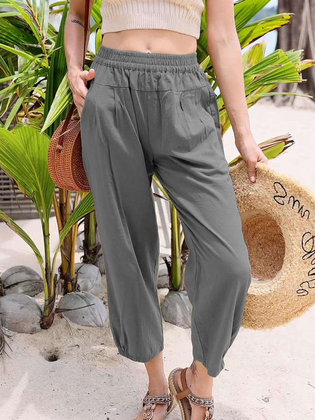 Les umes Damen Baumwolle Capri Casual Hose Elastische Taille Sommer Hose Haremhose mit Grau XXL, Gra