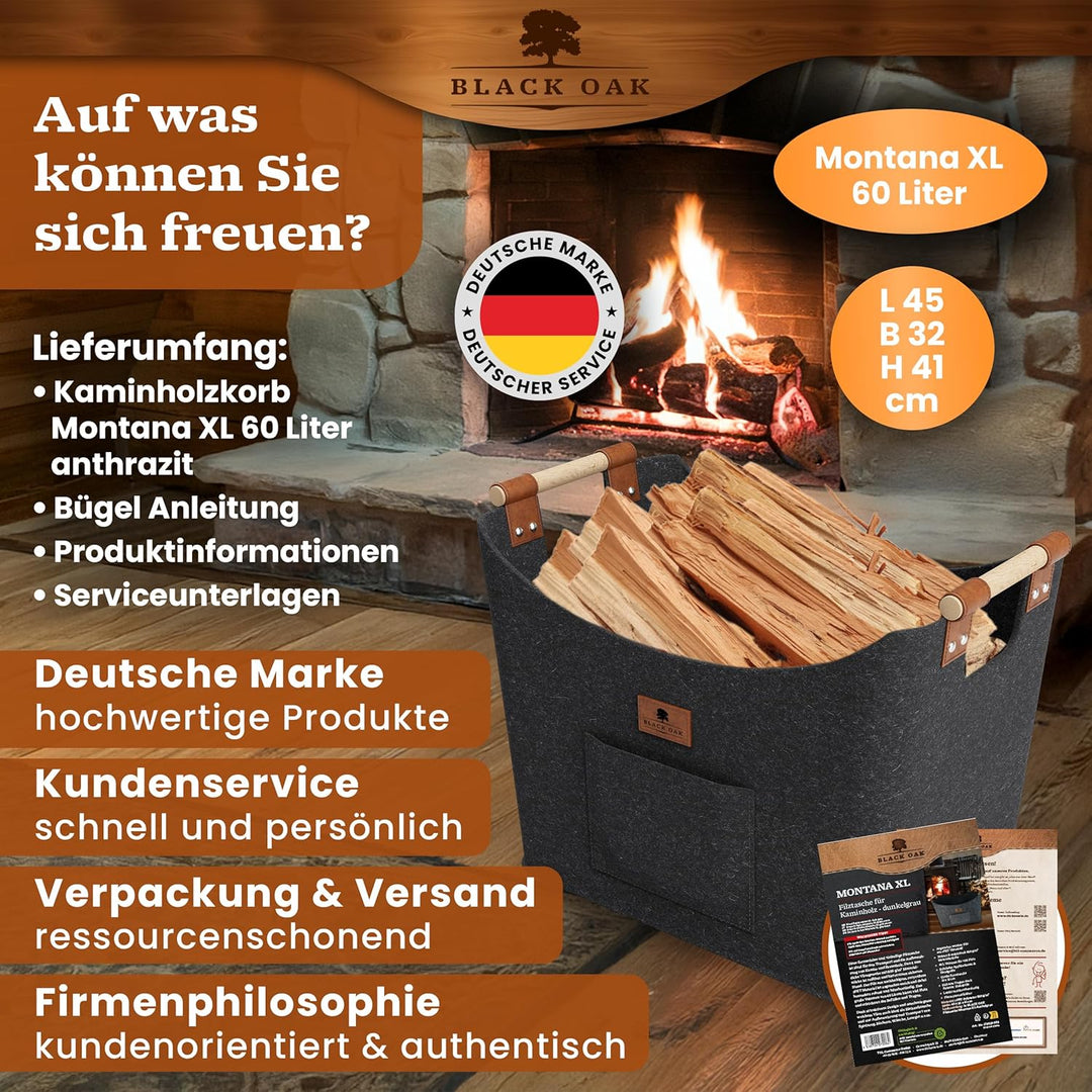 BLACK OAK Montana XL 60L Filzkorb &amp; Holzkorb für Kaminholz - Leder Applikation + rutschfeste Griffe
