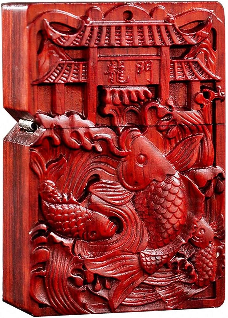 Generic Natural Huanghuali Rosewood Carving Lichter Outer Case for Zippo Module Fish Jump Dragon Gat