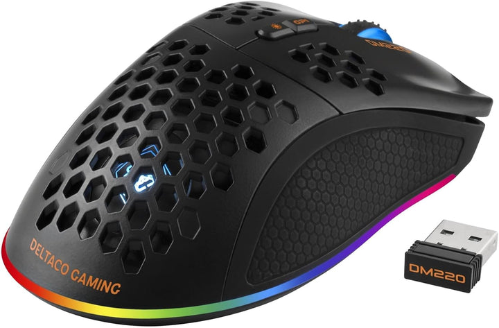 DELTACO GAMING DM220 Gaming-Maus drahtlose optische schwarz 7 Tasten 4800 DPI beleuchtet, wiederaufl