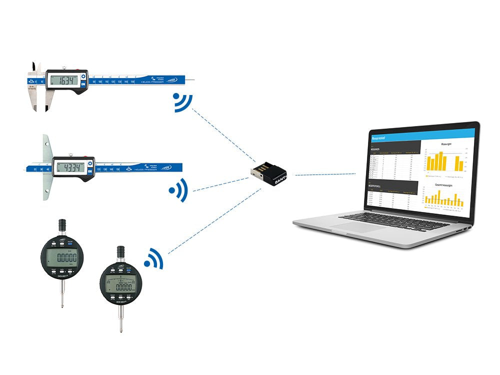 Integrated Wireless - Digitaler Taschenmessschieber mit integriertem Funk, IP67, 300 x 60 mm