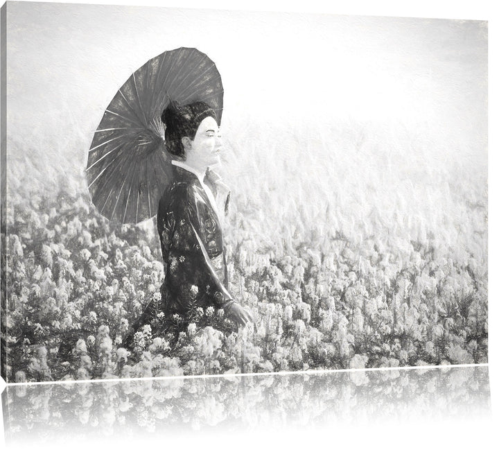 Pixxprint Geisha auf dem Feld Kunst Kohle Effekt, Format: 100x70 auf Leinwand, 100x70