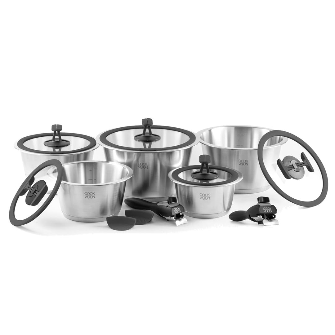Mega-Topf-Set 14-tlg. schwarz, 5x Edelstahltöpfe für alle Herdarten, 5x Glasdeckel, 2x Griffe, platz