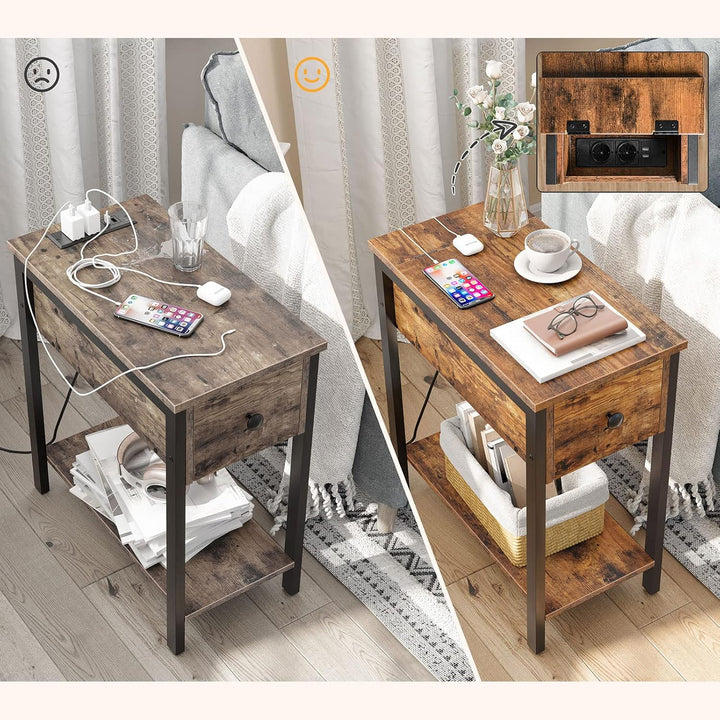 HOOBRO Beistelltisch mit Ladestation, Nachttisch mit Steckdose, 2 AC-Anschlüsse, 2 USB-Anschlüsse, S