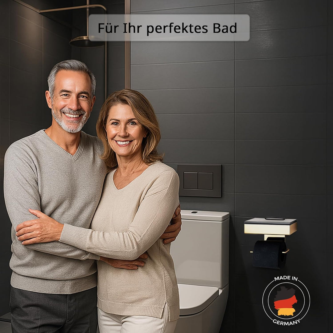 Toilettenpapierhalter mit Feuchttücherbox - Gehäuse Gold Optik & Abdeckung Glas Schwarz- befüllbar v