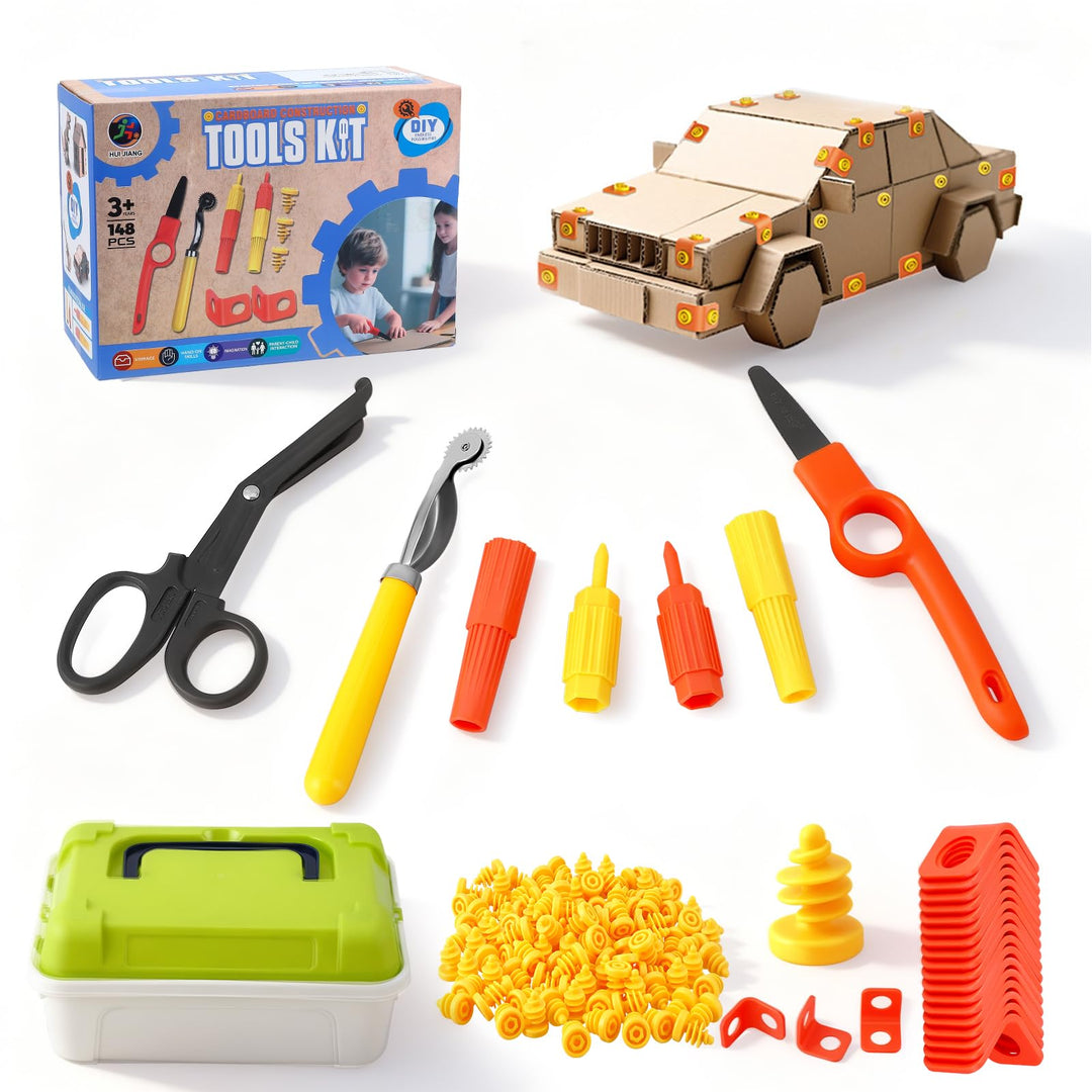 Karton Werkzeug Set 148-teilig inkl. Aufbewahrungsbox &amp; Handschuhe, DIY Bastelset Pappe Konstruktion