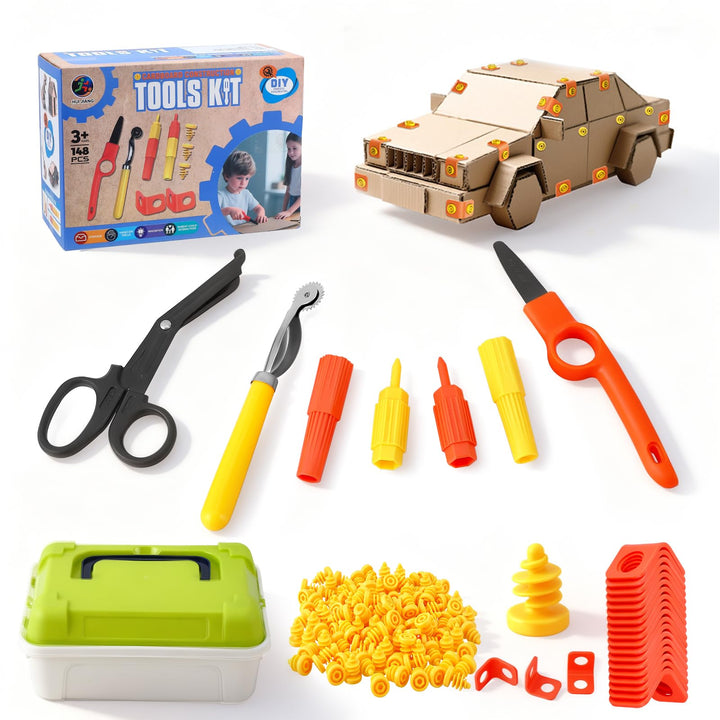 Karton Werkzeug Set 148-teilig inkl. Aufbewahrungsbox &amp; Handschuhe, DIY Bastelset Pappe Konstruktion