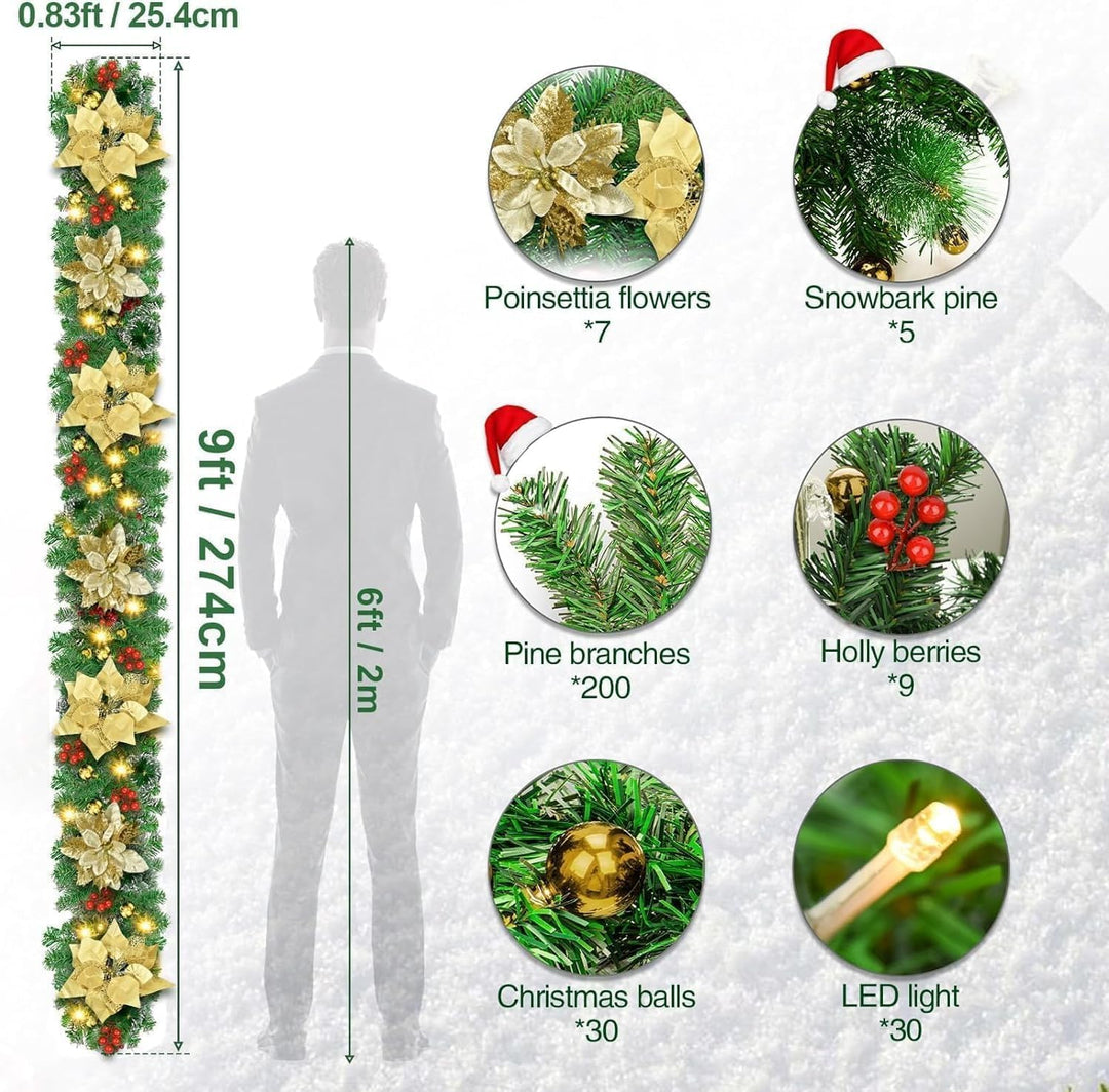 SHAVINGFUN Weihnachtsgirlande,2.7M/9Ft Weihnachtsgirlande mit Beleuchtung,Vorbeleuchteter Künstliche