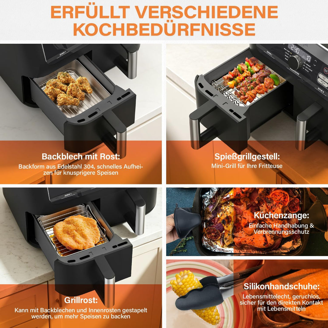 Airfryer Zubehör, Auflaufform Airfryer aus Edelstahl 304, 14-teilig mit Auflaufform, Fettablaufgitte