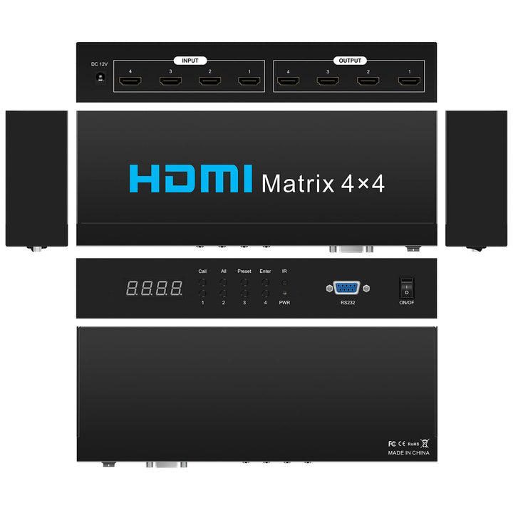 HDSUNWSTD HDMI Matrix Switch 4x4,4K HDMI Matrix Switcher Splitter 4 in 4 Out Box mit RS232 & IR & Bu